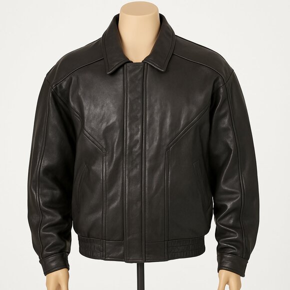 Global Identity Men’s Black Leather Bomber Jacket 2XL Tall – Vintage Heavyweight - Picture 1 of 10